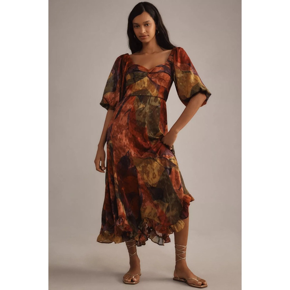 NWT Anthropologie Hutch Twist-Front Puff-Sleeve Ruffle-Hem Dress Size XXS  $228